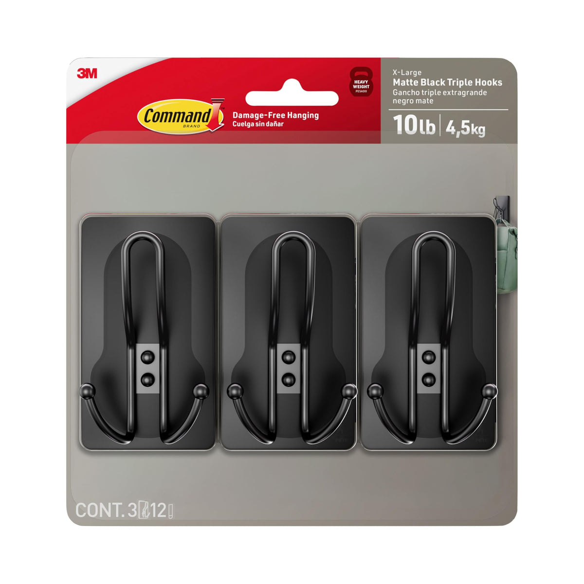 Command X-Large Black Triple Hooks, 1 Hook, 3 Strips
