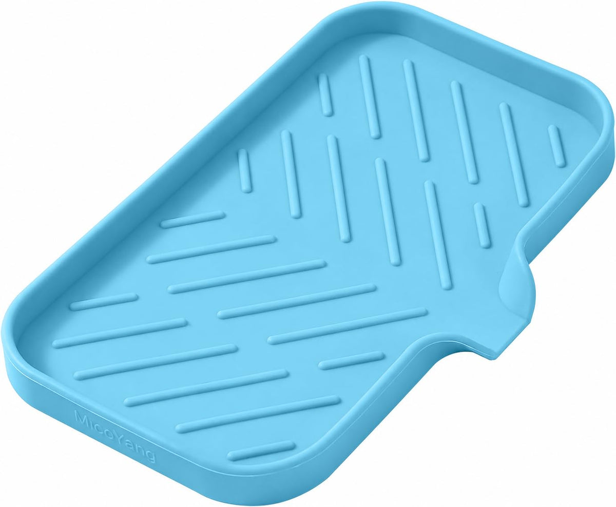 MicoYang Silicone Soap Dish with Drain Spout, Self-Draining Sink Organizer Tray for Bathroom and Kitchen, Sponges, Dispensers and Soap Holder, Non-Slip and Dishwasher Safe, Grey (Compact, 4.9"×3.2")