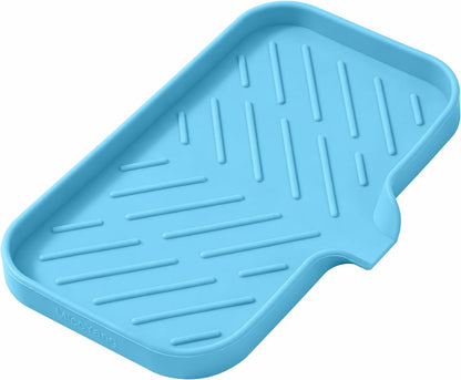MicoYang Silicone Soap Dish with Drain Spout, Self-Draining Sink Organizer Tray for Bathroom and Kitchen, Sponges, Dispensers and Soap Holder, Non-Slip and Dishwasher Safe, Grey (Compact, 4.9"×3.2")