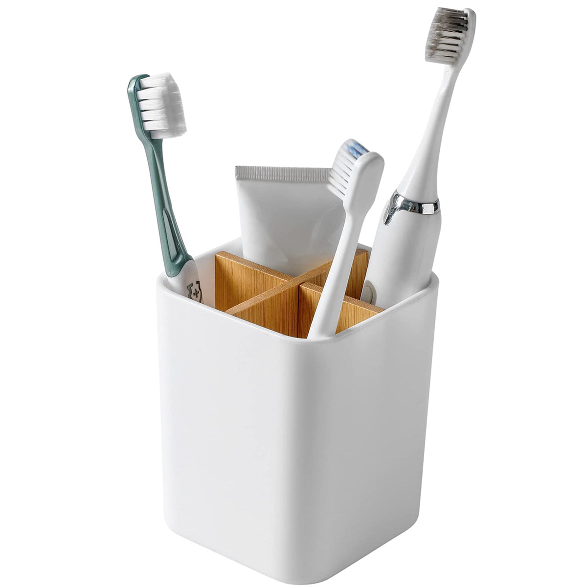 Bamboo Toothbrush Holder for Bathrooms Toothpaste Organizer - White