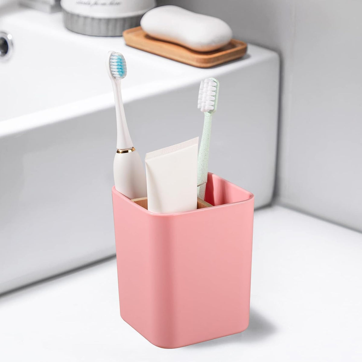 Bamboo Toothbrush Holder for Bathrooms Toothpaste Organizer - Pink