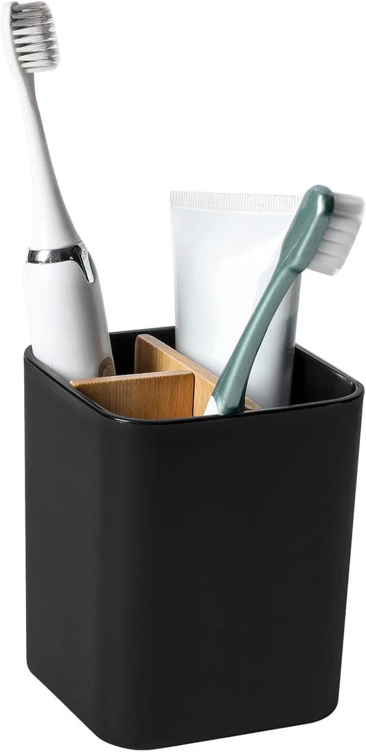 Bamboo Toothbrush Holder for Bathrooms Toothpaste Organizer - Black