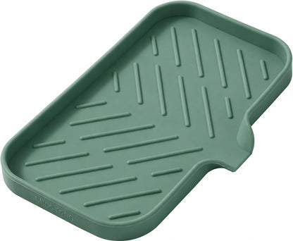 MicoYang Silicone Soap Dish with Drain Spout, Self-Draining Sink Organizer Tray for Bathroom and Kitchen, Sponges, Dispensers and Soap Holder, Non-Slip and Dishwasher Safe, Grey (Compact, 4.9"×3.2")