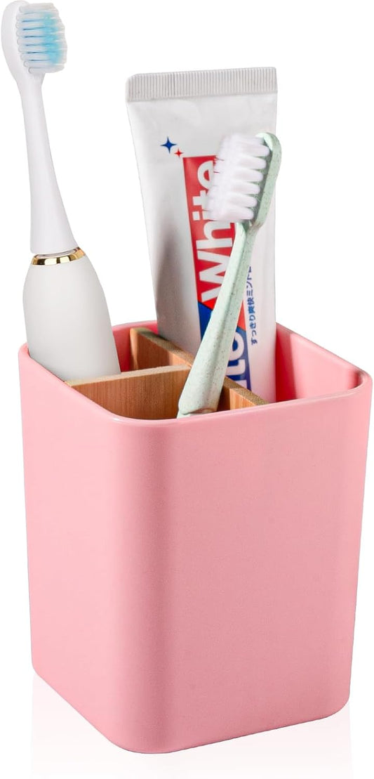 Bamboo Toothbrush Holder for Bathrooms Toothpaste Organizer - Pink