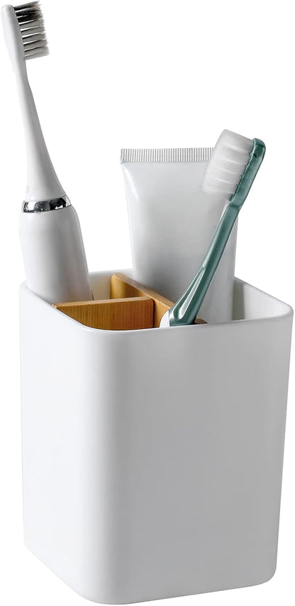 Bamboo Toothbrush Holder for Bathrooms Toothpaste Organizer - White