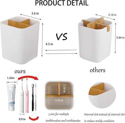 Bamboo Toothbrush Holder for Bathrooms Toothpaste Organizer - White