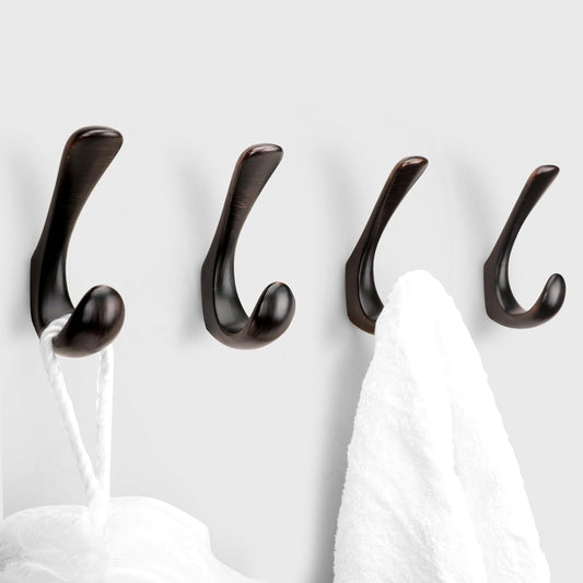 4 Pack Towel Hooks for Bathrooms Wall Mounted, Oil Rubbed Bronze Bathroom Hooks for Towels, Robe & Towel Hook for Wall, Modern Bath Towel Hook