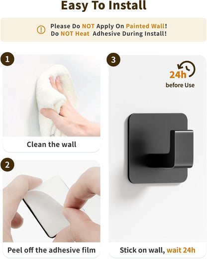 GWAAZXGZ Square Self Adhesive Towel Hooks - 2 Pack Matte Black Metal Hooks