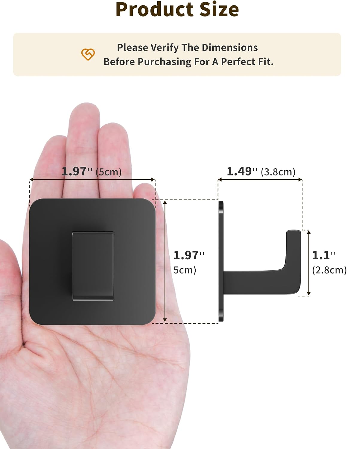 GWAAZXGZ Square Self Adhesive Towel Hooks - 2 Pack Matte Black Metal Hooks