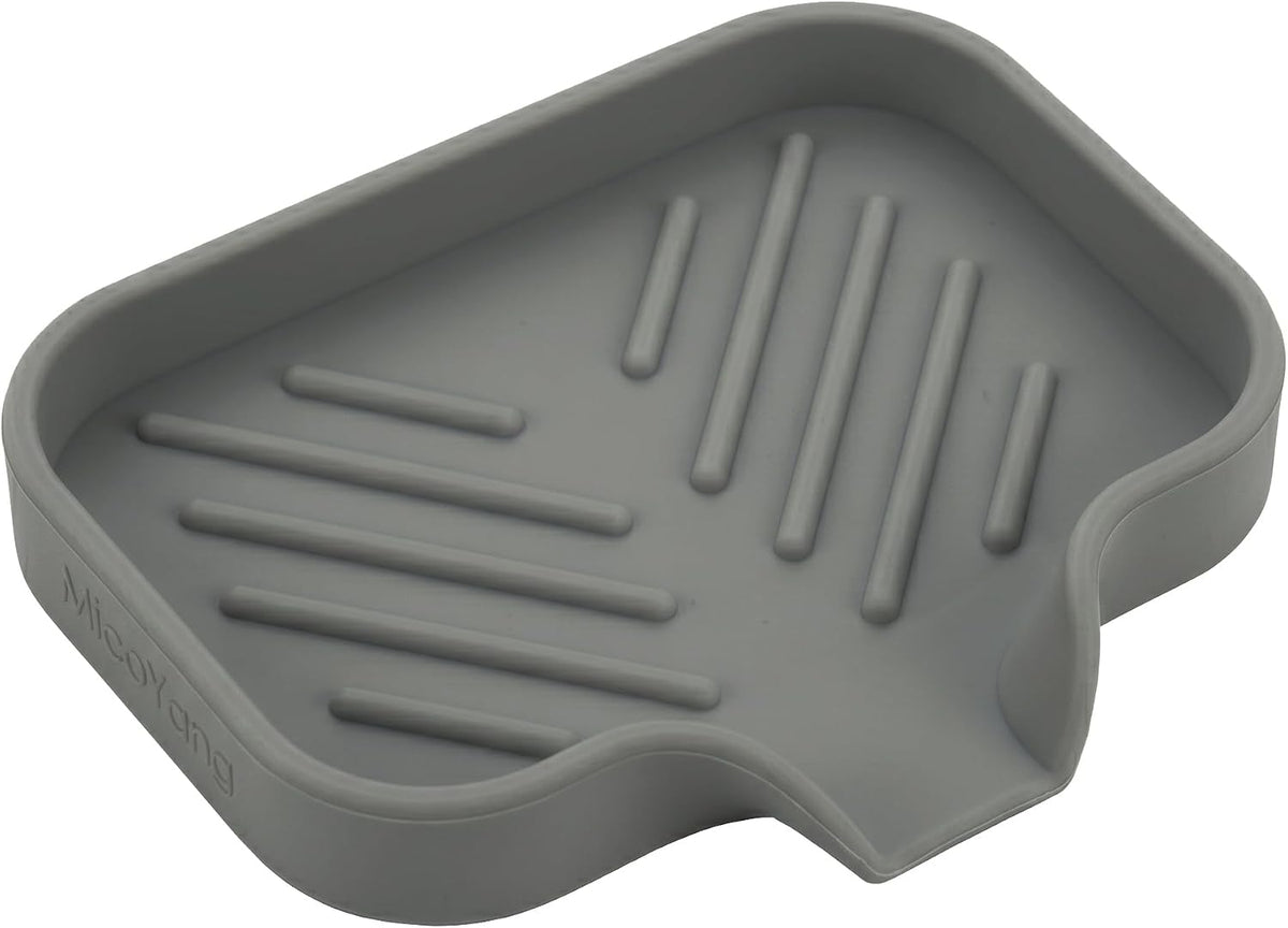 MicoYang Silicone Soap Dish with Drain Spout, Self-Draining Sink Organizer Tray for Bathroom and Kitchen, Sponges, Dispensers and Soap Holder, Non-Slip and Dishwasher Safe, Grey (Compact, 4.9"×3.2")