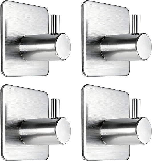 Fotosnow Adhesive Towel Hooks 15lbs Heavy Duty Wall Hooks Waterproof Stainless Steel Hanger for Hanging Coat, Hat, Towel Robe Hook Rack Wall Mount- Bathroom and Bedroom 4-Packs