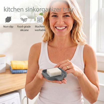 MicoYang Silicone Soap Dish with Drain Spout, Self-Draining Sink Organizer Tray for Bathroom and Kitchen, Sponges, Dispensers and Soap Holder, Non-Slip and Dishwasher Safe, Grey (Compact, 4.9"×3.2")