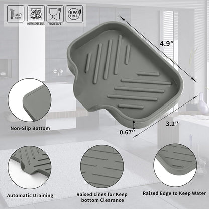 MicoYang Silicone Soap Dish with Drain Spout, Self-Draining Sink Organizer Tray for Bathroom and Kitchen, Sponges, Dispensers and Soap Holder, Non-Slip and Dishwasher Safe, Grey (Compact, 4.9"×3.2")