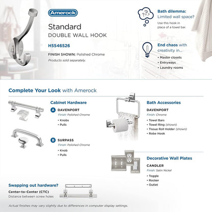 Amerock Adare Double Prong Polished Chrome Wall-Mounted Hook