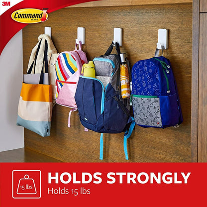 Command 15 Lb XL Heavyweight Wall Hook, Damage Free Hanging Wall Hook with Adhesive Strips, Heavy Duty Single Wall Hook for Hanging Back to School Organizers, 2 White Hooks and 8 Strips